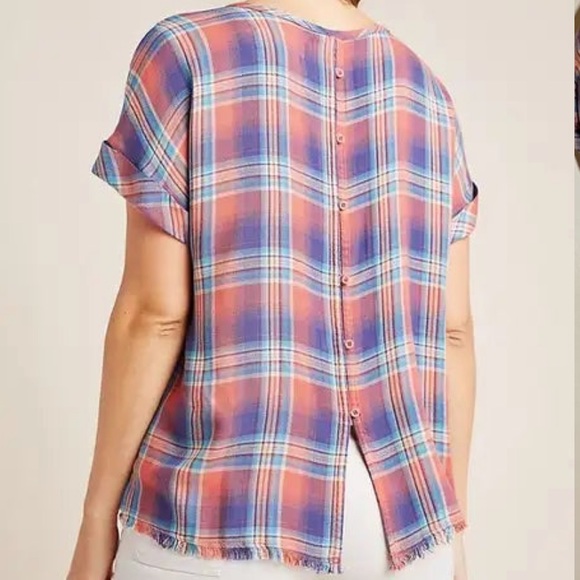 Anthropologie Cloth & Stone “Mallory” Button Back Flannel Plaid Short Sleeve Top - Picture 4 of 11